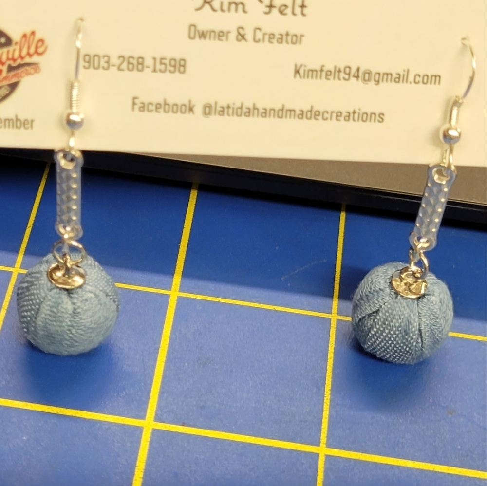 Denim Ball Dangle Earrings 1.5" Silver Tone